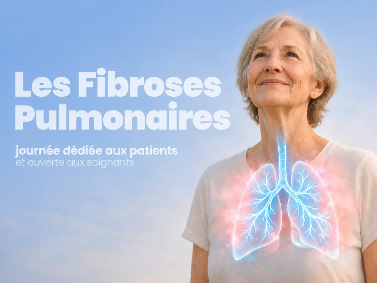 Visuel de la Journée Fibroses Pulmonaires du 16 octobre 2026 à Nice, montrant une femme et une illustration des poumons.