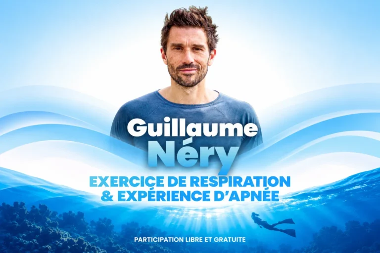 Guillaume Néry, invité de l’IHU RespirERA pour un exercice de respiration et une expérience d’apnée le 4 novembre 2026 à 15 h, place Masséna à Nice.
