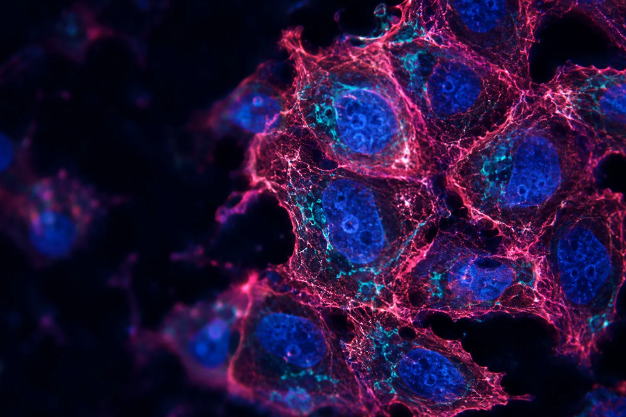 Illustration de cellules tumorales en fluorescence, avec des noyaux bleus et des contours roses sur fond sombre.