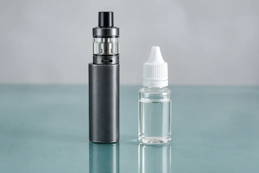 Cigarette électronique et flacon de liquide de vapotage sur fond neutre.